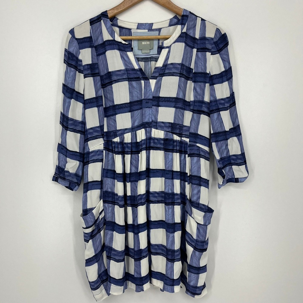 Maeve Anthropologie Blue White Plaid Tunic Dress XXS Petite Pockets